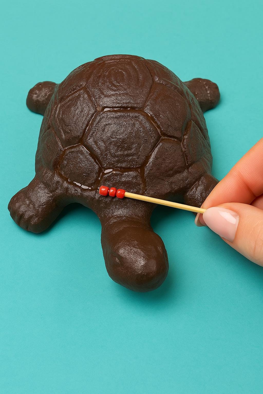 Cast iron turtle with a toothpick inserted into its shell on a teal background