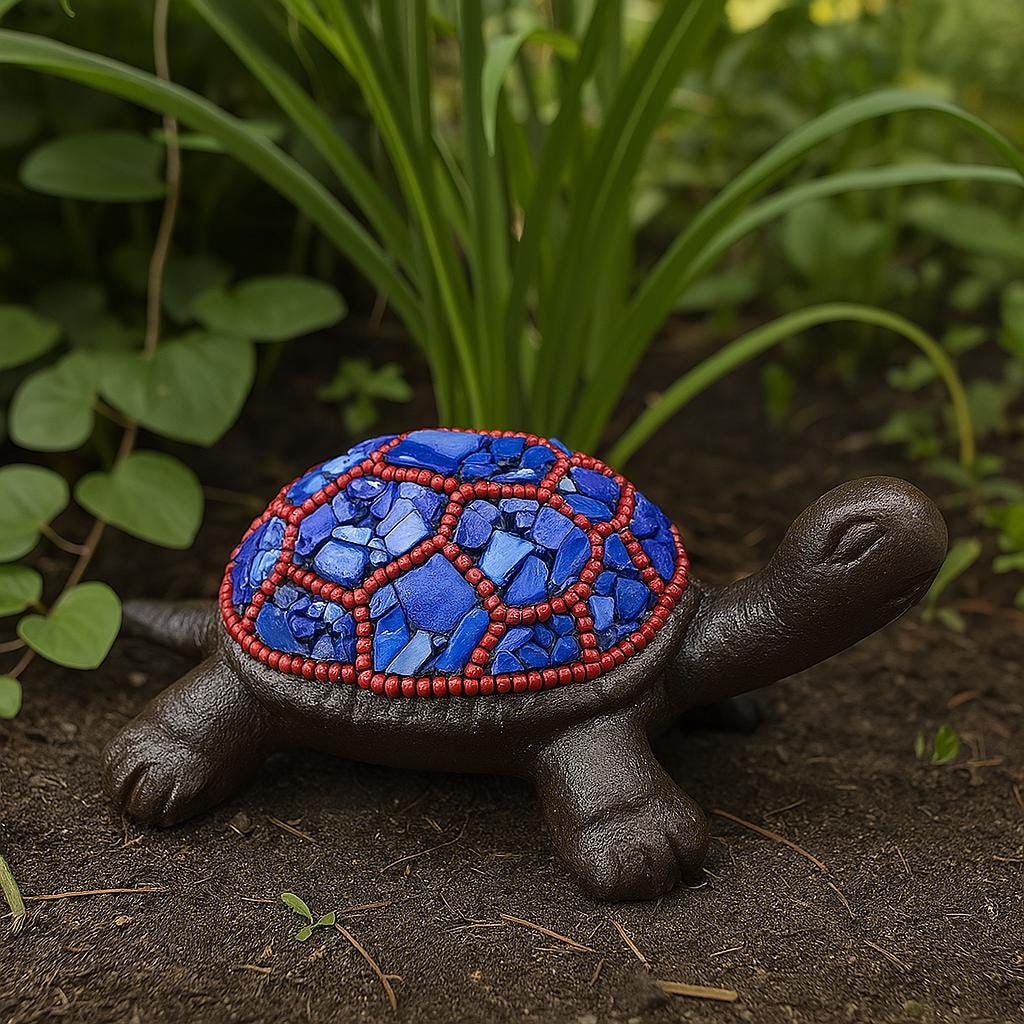 Decorative turtle figurine with a blue and red mosaic shell on a natural background