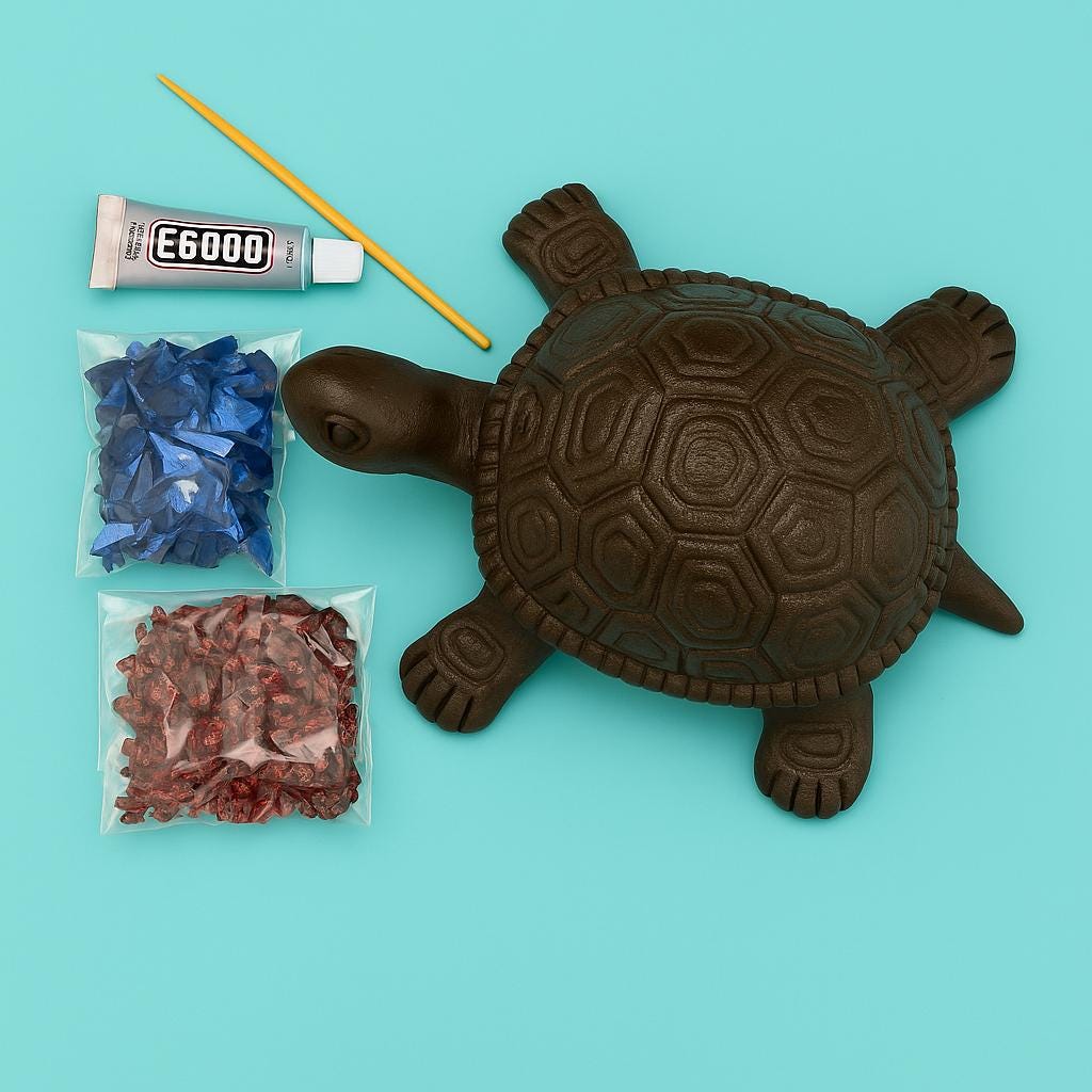 Decorative turtle figure with craft supplies on a teal background