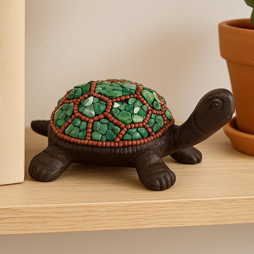Decorative turtle figurine with a mosaic shell on a wooden surface